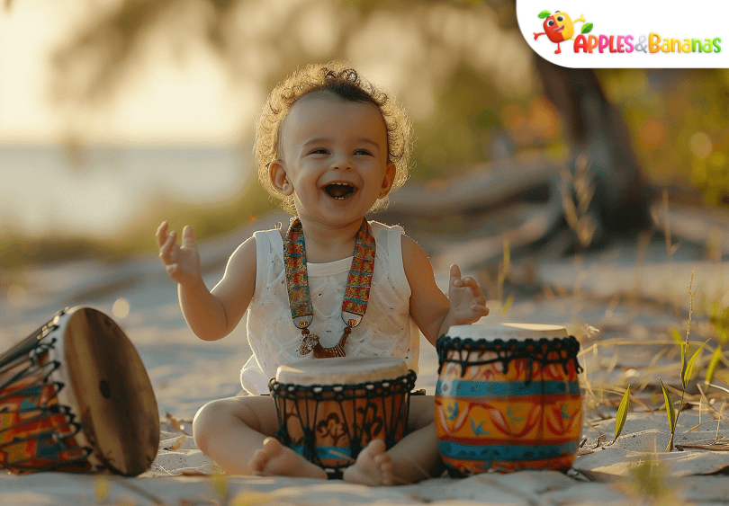 Young children playing musical instruments, dancing, and listening to music with joyful expressions, highlighting the impact of music on early childhood development.