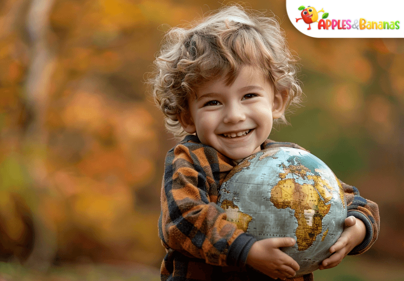 Preschool child engaging in theme-based learning activities like crafting, reading, and exploring nature, surrounded by colorful educational materials related to animals, space, fruits, and numbers.