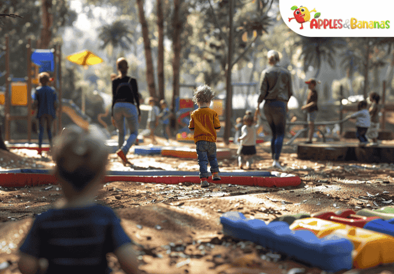 Children engaging in imaginative outdoor play—some building with blocks, others dressed in costumes, immersed in pretend scenarios and storytelling.
