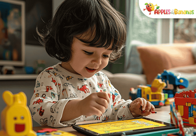 Young child using a tablet for educational activities at a table, surrounded by books and learning toys in a cozy, home-like environment.
