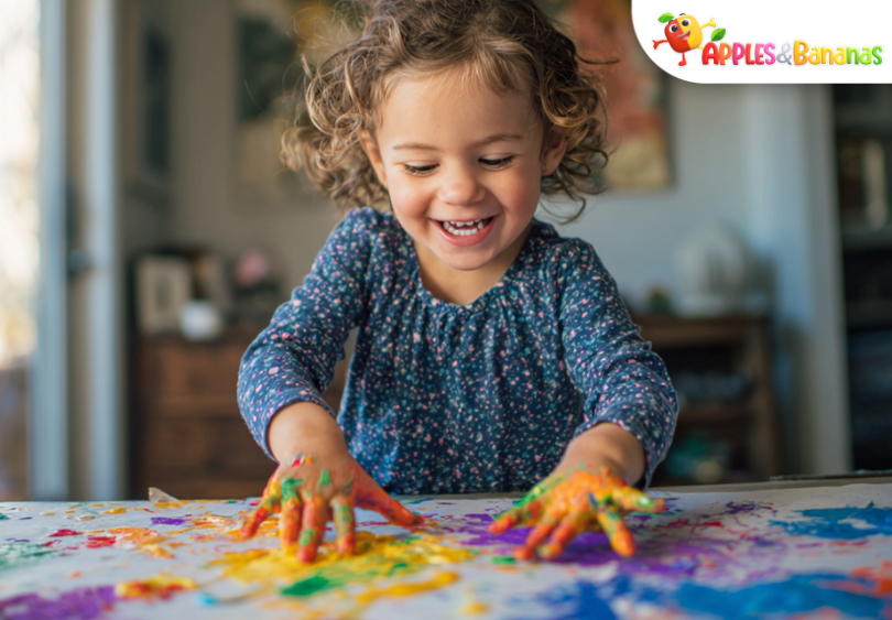 A happy toddler exploring different textures through everyday play at home, supporting early childhood sensory development.